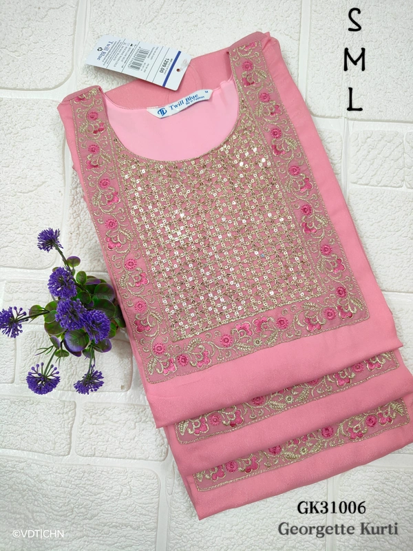 Twill Blue Vichitra Silk Kurti With Yoke Embrodiery GK31006 - Pink, S