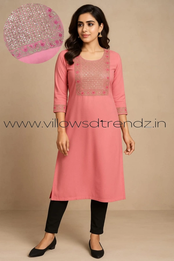 Twill Blue Vichitra Silk Kurti With Yoke Embrodiery GK31006 - Pink, S