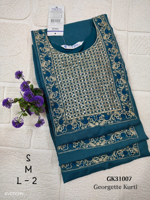 Twill Blue Vichitra Silk Kurti With Yoke Embrodiery GK31007 - Peacock Blue, S