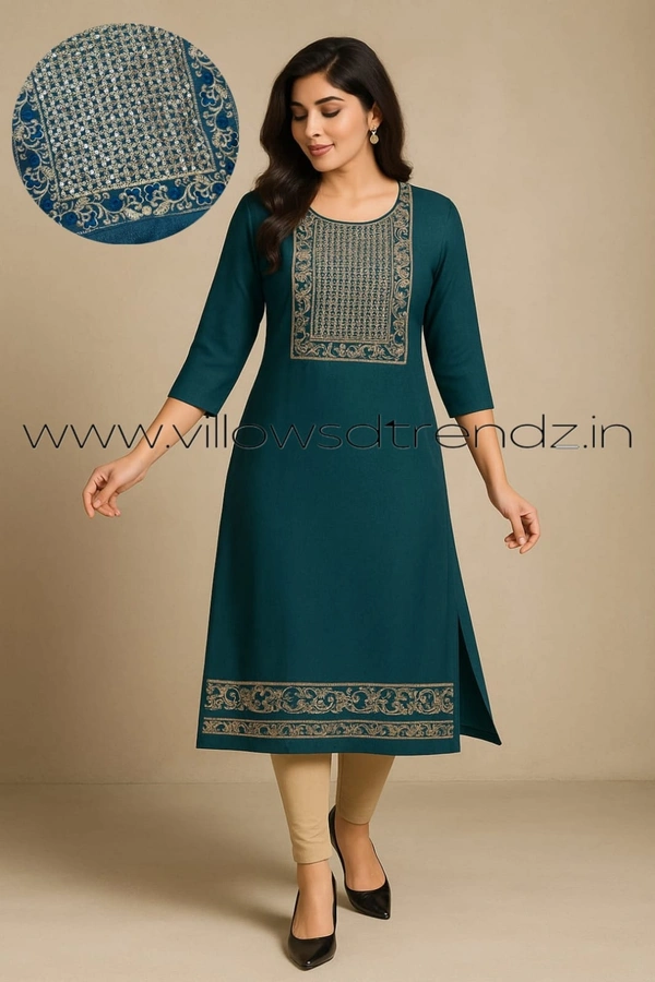 Twill Blue Vichitra Silk Kurti With Yoke Embrodiery GK31007 - Peacock Blue, S