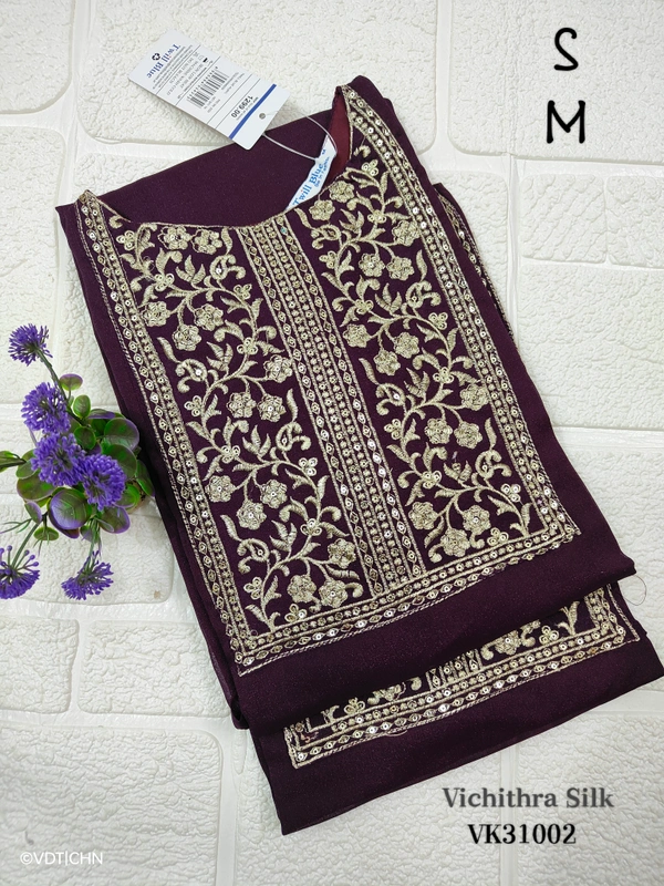 Twill Blue Vichitra Silk Kurti With Yoke Embrodiery VK31002 - Violet, S