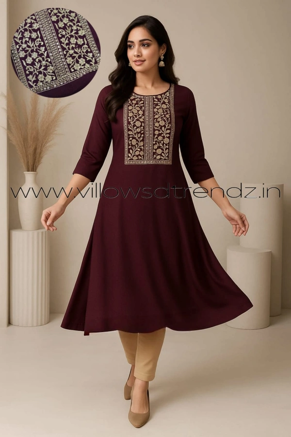 Twill Blue Vichitra Silk Kurti With Yoke Embrodiery VK31002 - Violet, S