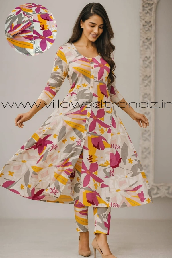 Twill Blue Women's Cotton Cord set | Half White With Florel | CS410058 - Half White With Florel, XL