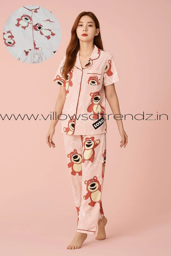 Smurf Finds Women's Cotton Korean Pajama Set| Pyjama Sleepwear| Shirt with Pant| Pink| K2PY359007 - 2XL, Pink