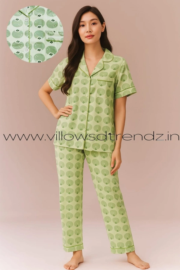 Smurf Finds Women's Cotton Korean Pajama Set| Pyjama Sleepwear| Shirt with Pant| Green| K2PY359002 - 2XL, Green