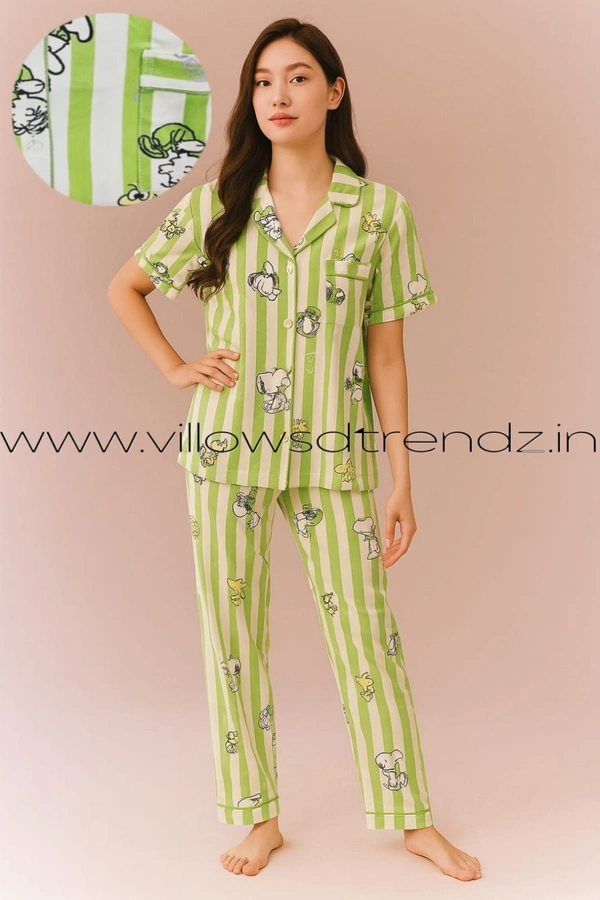 Smurf Finds Women's Cotton Korean Pajama Set| Pyjama Sleepwear| Shirt with Pant| Green| K2PY359004 - 2XL, Green