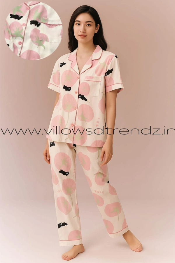 Smurf Finds Women's Cotton Korean Pajama Set| Pyjama Sleepwear| Shirt with Pant| Cream| K2PY359003 - 2XL, Cream