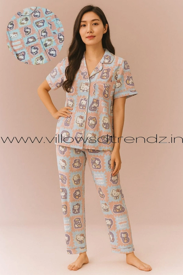 Smurf Finds Women's Cotton Korean Pajama Set| Pyjama Sleepwear| Shirt with Pant| Pink| K2PY359005 - 2XL, Pink