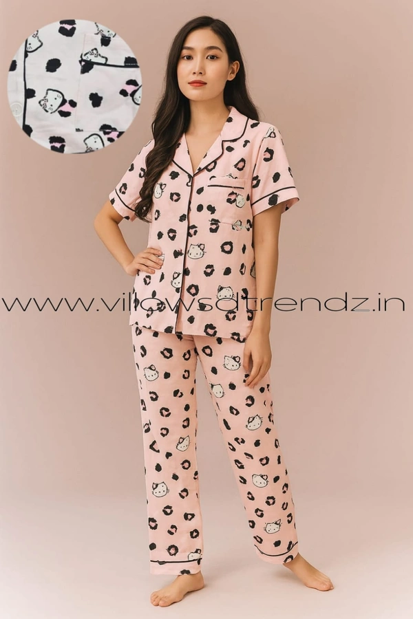 Smurf Finds Women's Cotton Korean Pajama Set| Pyjama Sleepwear| Shirt with Pant| Pink| K2PY359001 - 2XL, Pink