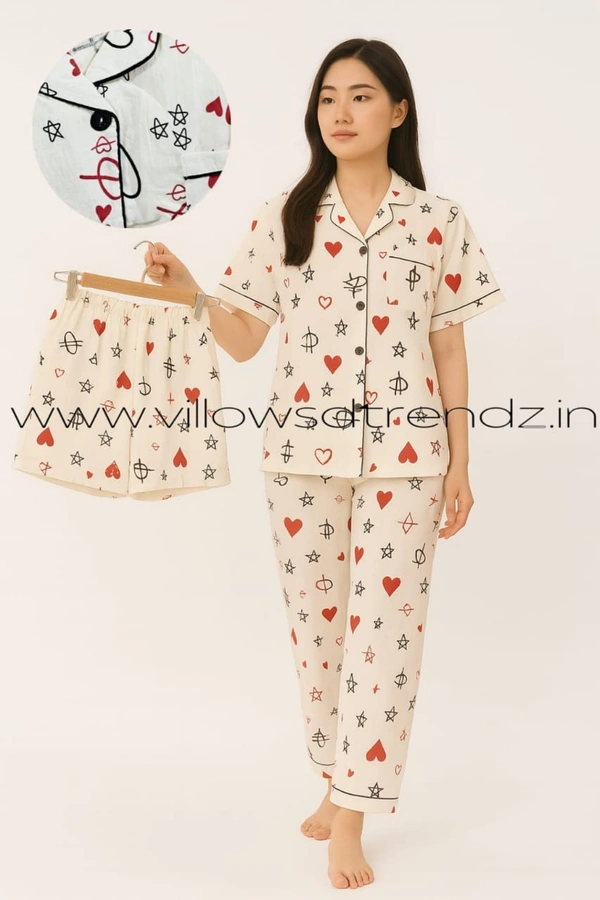 Smurf Finds Women's Cotton Korean Pajama Set| Pyjama Sleepwear| Shirt with Pant and shorts (3pc set)| White| K3PY4140010 - L, White