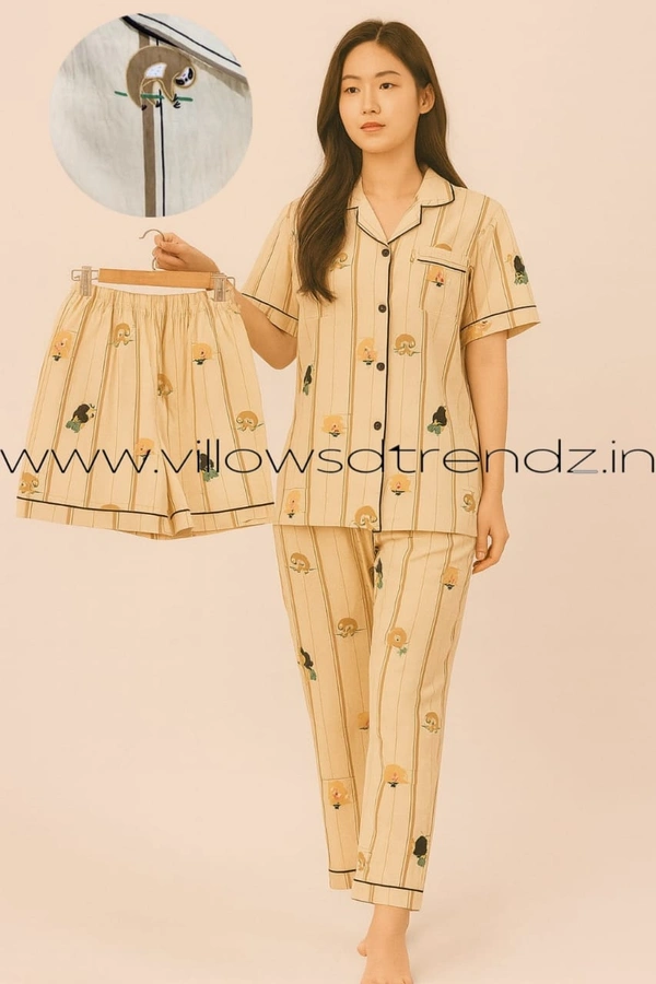 Smurf Finds Women's Cotton Korean Pajama Set| Pyjama Sleepwear| Shirt with Pant and shorts (3pc set)| Yellow| K3PY414003 - XL, Yellow