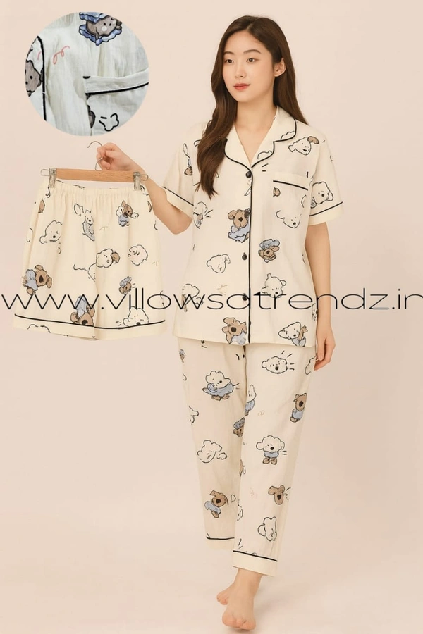 Smurf Finds Women's Cotton Korean Pajama Set| Pyjama Sleepwear| Shirt with Pant and shorts (3pc set)| Cream| K3PY414007 - XL, Cream