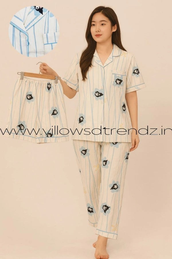 Smurf Finds Women's Cotton Korean Pajama Set| Pyjama Sleepwear| Shirt with Pant and shorts (3pc set)| White with Blue Stripe| K3PY414004 - XL, White with Blue Stripe