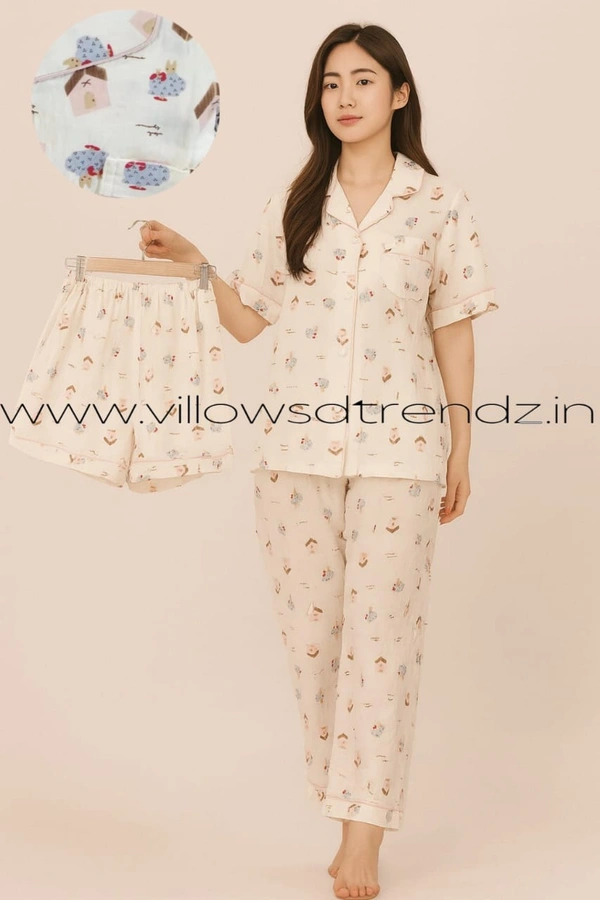 Smurf Finds Women's Cotton Korean Pajama Set| Pyjama Sleepwear| Shirt with Pant and shorts (3pc set)| Cream| K3PY414009 - XL, Cream