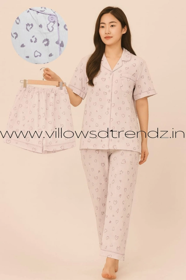 Smurf Finds Women's Cotton Korean Pajama Set| Pyjama Sleepwear| Shirt with Pant and shorts (3pc set)| Lavender| K3PY414005 - XL, Lavender