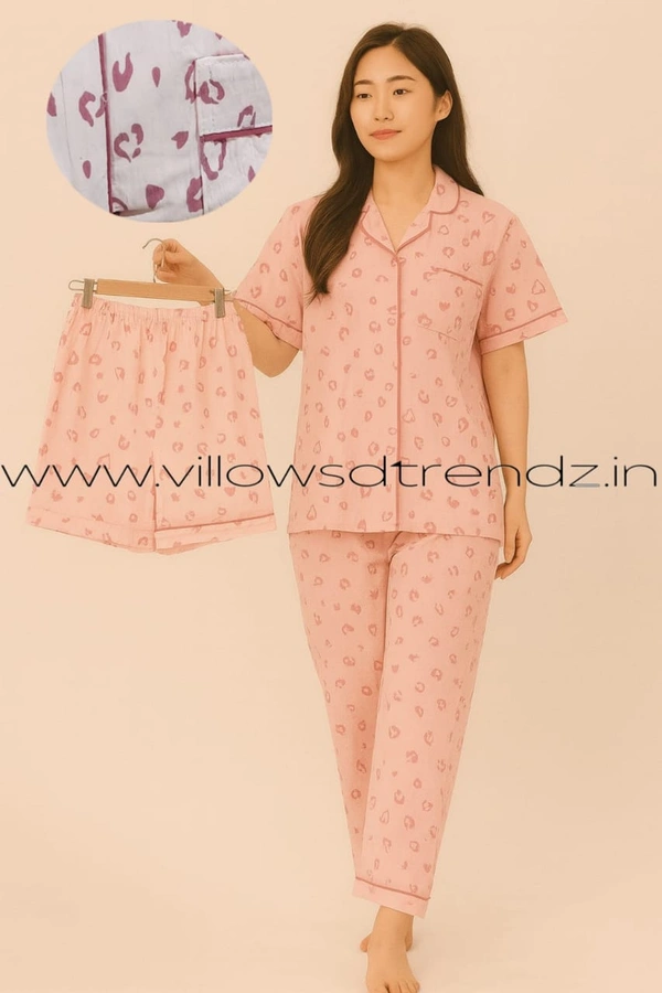 Smurf Finds Women's Cotton Korean Pajama Set| Pyjama Sleepwear| Shirt with Pant and shorts (3pc set)| Pink| K3PY414001 - XL, Pink