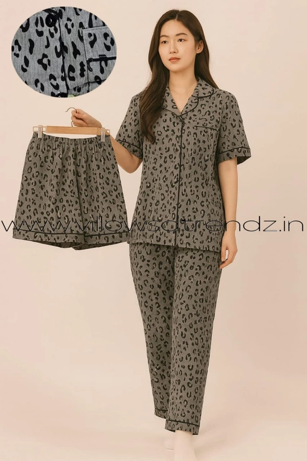 Smurf Finds Women's Cotton Korean Pajama Set| Pyjama Sleepwear| Shirt with Pant and shorts (3pc set)| Grey| K3PY414006 - L, Grey