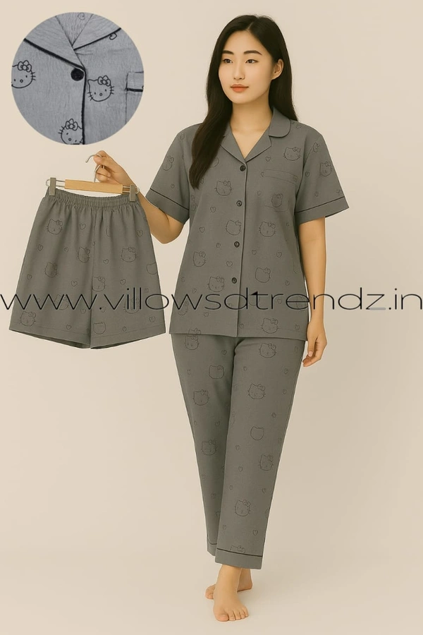 Smurf Finds Women's Cotton Korean Pajama Set| Pyjama Sleepwear| Shirt with Pant and shorts (3pc set)| Grey|K3PY414002 - XL, Grey