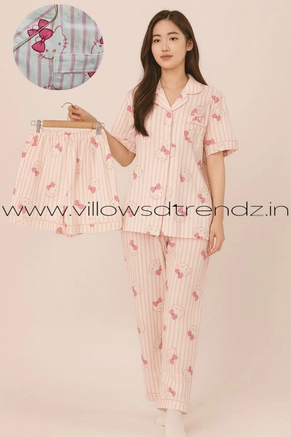 Smurf Finds Women's Cotton Korean Pajama Set| Pyjama Sleepwear| Shirt with Pant and shorts (3pc set)| Pink| K3PY414008 - XL, Pink