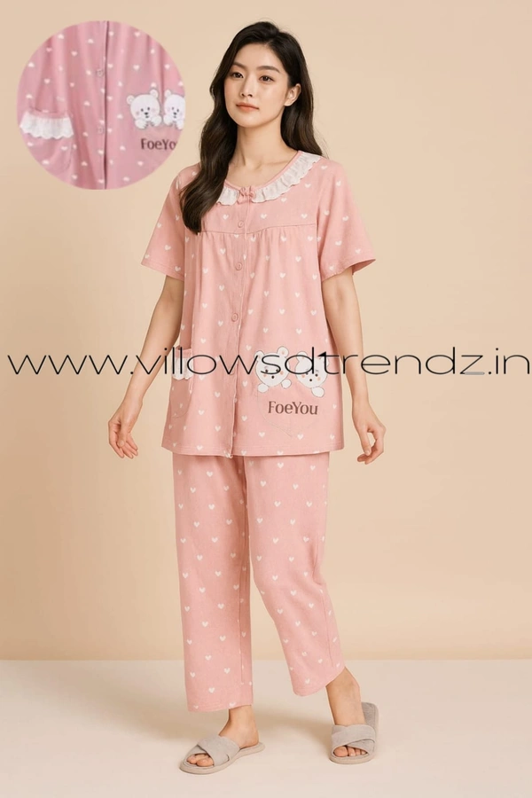 Twill Blue Women's Cotton Korean Pajama Set| Pyjama Sleepwear| Shirt with Pant| Pink | KPS455002 - 3XL, Pink