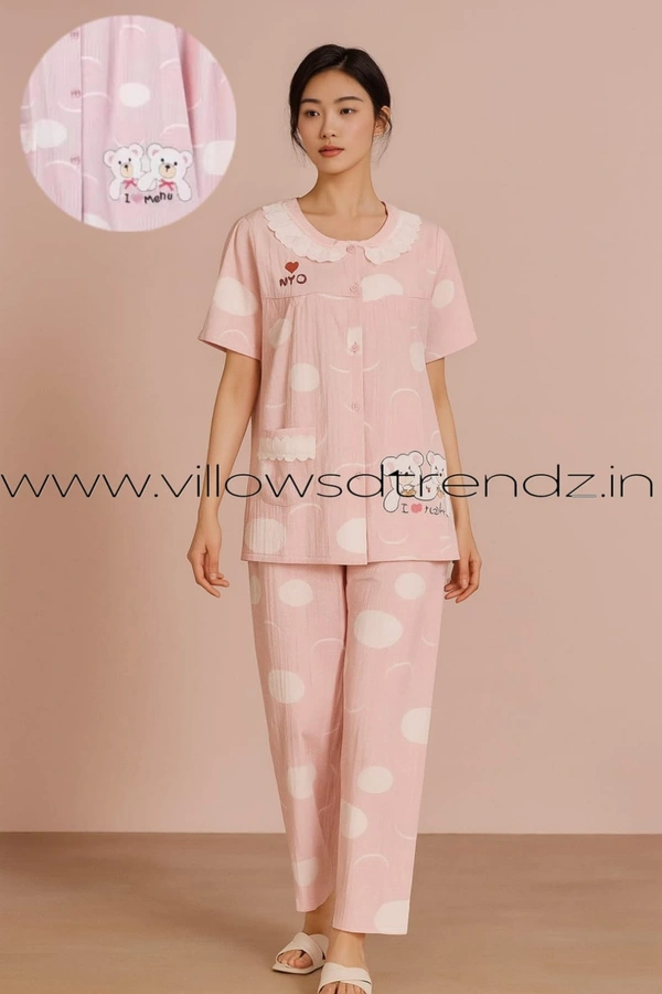 Twill Blue Women's Cotton Korean Pajama Set| Pyjama Sleepwear| Shirt with Pant| Pink | KPS455006 - 3XL, Pink