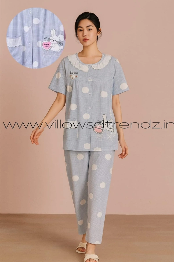 Twill Blue Women's Cotton Korean Pajama Set| Pyjama Sleepwear| Shirt with Pant| Sky blue | KPS455004 - 3XL, Sky blue
