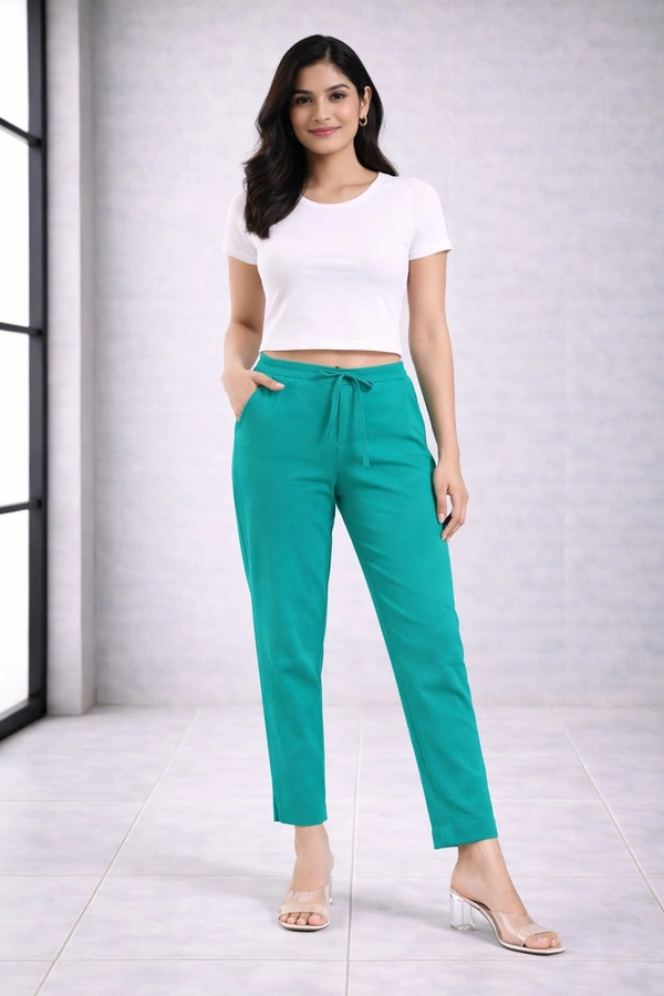 Ruthvi Ethnics Women's Linen Cotton High Waist Straight Fit Trousers | Ankle Length Casual Pants | 2 Deep Pockets | Bottom Side Slit | Elastic Waistband with Draw String |Rama Green| KP232253015 - Rama Green, 2XL