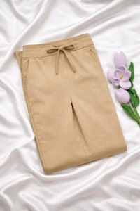 Ruthvi Ethnics Women's Linen Cotton High Waist Straight Fit Trousers | Ankle Length Casual Pants | 2 Deep Pockets | Bottom Side Slit | Elastic Waistband with Draw String |Khaki| KP23225307 - Khaki, 5XL