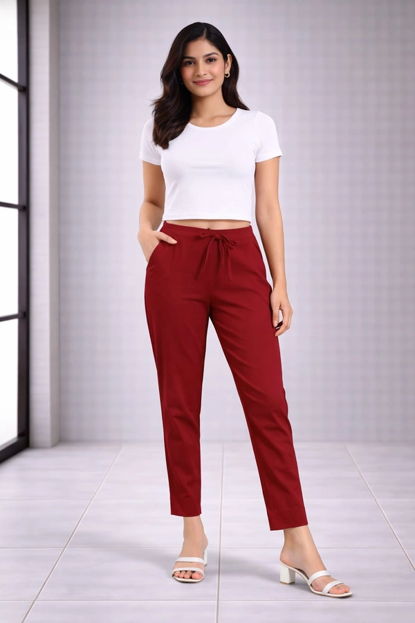 Ruthvi Ethnics Women's Linen Cotton High Waist Straight Fit Trousers | Ankle Length Casual Pants | 2 Deep Pockets | Bottom Side Slit | Elastic Waistband with Draw String Maroon| KP23225301 - Maroon, 5XL
