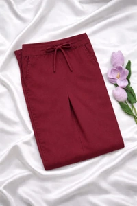 Ruthvi Ethnics Women's Linen Cotton High Waist Straight Fit Trousers | Ankle Length Casual Pants | 2 Deep Pockets | Bottom Side Slit | Elastic Waistband with Draw String |Wine| KP232253017 - Wine, 5XL
