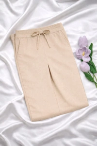 Ruthvi Ethnics Women's Linen Cotton High Waist Straight Fit Trousers | Ankle Length Casual Pants | 2 Deep Pockets | Bottom Side Slit | Elastic Waistband with Draw String |Beige| KP232253016 - Beige, 5XL