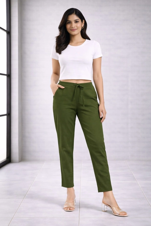 Ruthvi Ethnics Women's Linen Cotton High Waist Straight Fit Trousers | Ankle Length Casual Pants | 2 Deep Pockets | Bottom Side Slit | Elastic Waistband with Draw String |Olive Green| KP232253011 - Olive Green, XL