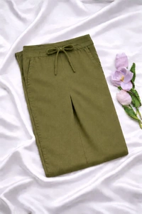 Ruthvi Ethnics Women's Linen Cotton High Waist Straight Fit Trousers | Ankle Length Casual Pants | 2 Deep Pockets | Bottom Side Slit | Elastic Waistband with Draw String |Mehndi Green| KP232253013 - Mehndi green, 4XL