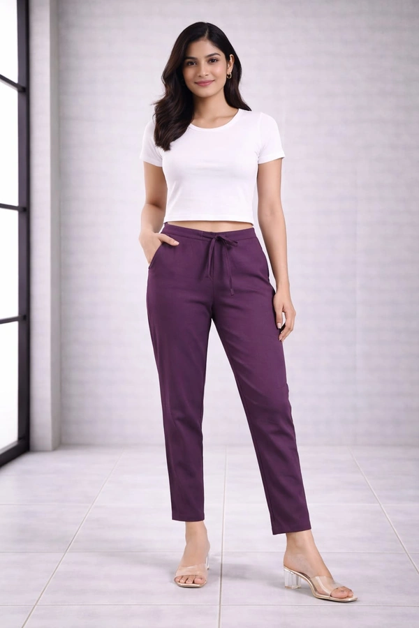 Ruthvi Ethnics Women's Linen Cotton High Waist Straight Fit Trousers | Ankle Length Casual Pants | 2 Deep Pockets | Bottom Side Slit | Elastic Waistband with Draw String |Plum| KP232253018 - Plum, 5XL