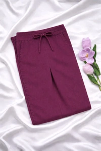 Ruthvi Ethnics Women's Linen Cotton High Waist Straight Fit Trousers | Ankle Length Casual Pants | 2 Deep Pockets | Bottom Side Slit | Elastic Waistband with Draw String |Plum| KP232253018 - Plum, 5XL