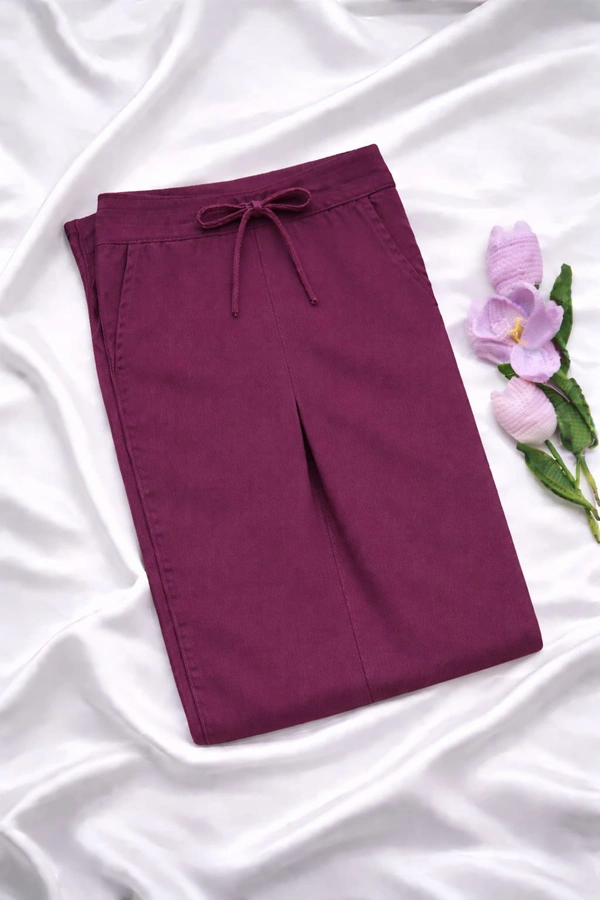 Ruthvi Ethnics Women's Linen Cotton High Waist Straight Fit Trousers | Ankle Length Casual Pants | 2 Deep Pockets | Bottom Side Slit | Elastic Waistband with Draw String |Plum| KP232253018 - Plum, 5XL