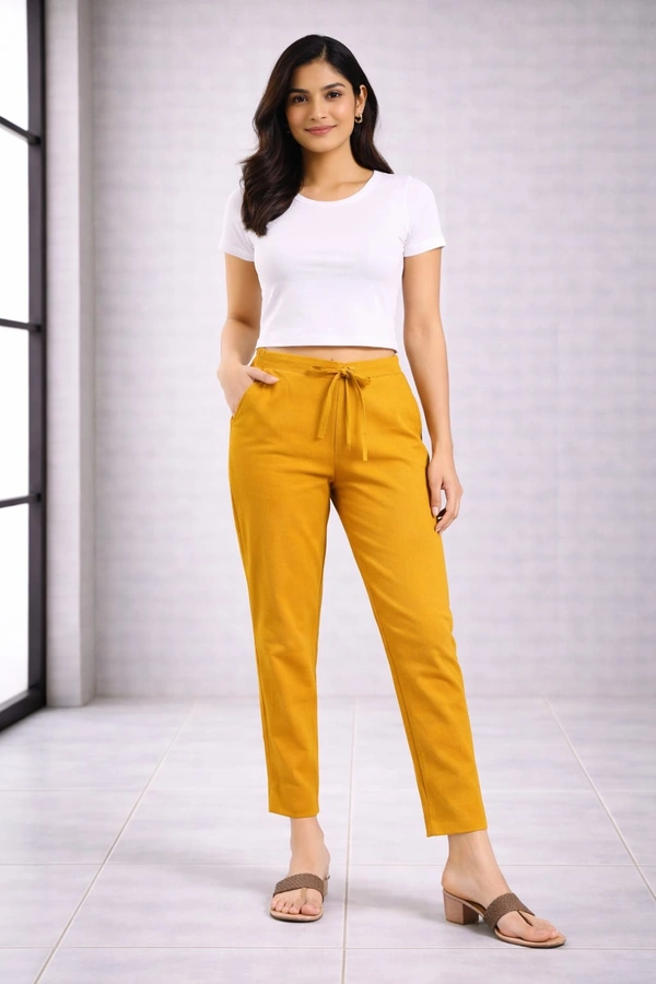 Ruthvi Ethnics Women's Linen Cotton High Waist Straight Fit Trousers | Ankle Length Casual Pants | 2 Deep Pockets | Bottom Side Slit | Elastic Waistband with Draw String |Mustard Yellow| KP232253020 - Mustard Yellow, XL
