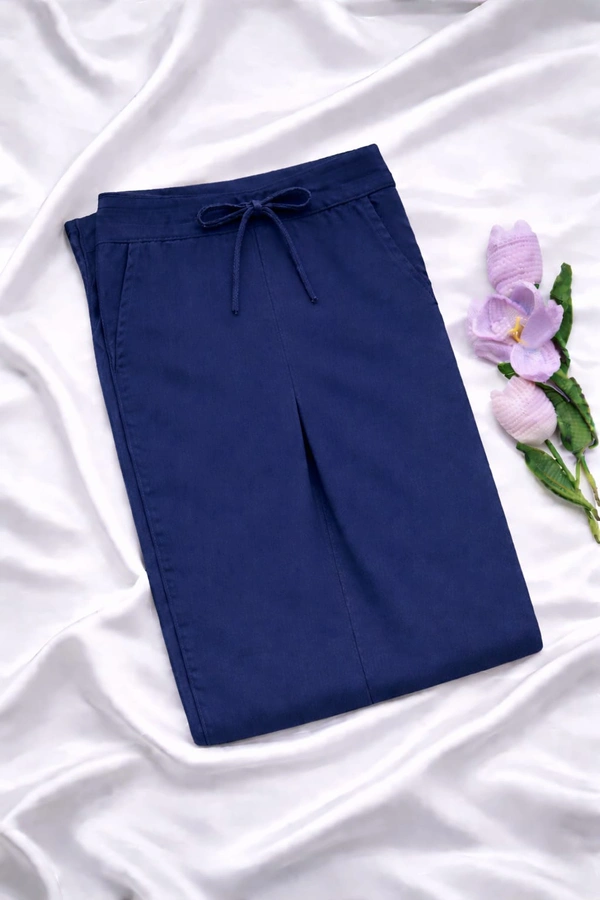 Ruthvi Ethnics Women's Linen Cotton High Waist Straight Fit Trousers | Ankle Length Casual Pants | 2 Deep Pockets | Bottom Side Slit | Elastic Waistband with Draw String |Navy Blue| KP232253019 - Navy Blue, 5XL