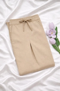 Ruthvi Ethnics Women's Linen Cotton High Waist Straight Fit Trousers | Ankle Length Casual Pants | 2 Deep Pockets | Bottom Side Slit | Elastic Waistband with Draw String |Lite Khaki| KP232253022 - Lite Khaki, 5XL