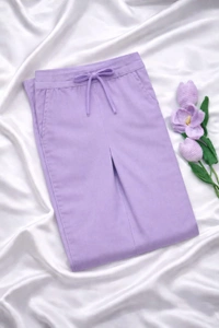 Ruthvi Ethnics Women's Linen Cotton High Waist Straight Fit Trousers | Ankle Length Casual Pants | 2 Deep Pockets | Bottom Side Slit | Elastic Waistband with Draw String |Lavender| KP23225306 - Lavender, 5XL