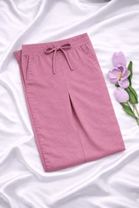 Ruthvi Ethnics Women's Linen Cotton High Waist Straight Fit Trousers | Ankle Length Casual Pants | 2 Deep Pockets | Bottom Side Slit | Elastic Waistband with Draw String |Onion pink| KP23225308 - Onion Pink, 5XL