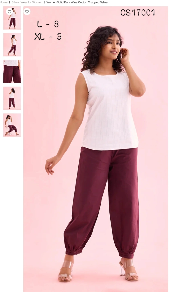 Ruthvi GC Womens Solid Cotton Cropped Salwar CS17001 - XL, Dark Wine