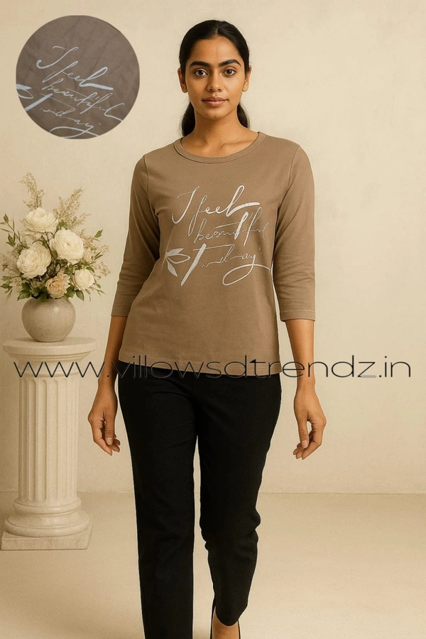 Ruthvi Ethnics Women's T-shirt|100% Cotton| Light Brown | TS950030 - L, Light Brown
