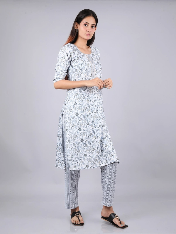 Floral Fantasy Light Gray Kurti & Pants - M