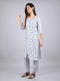 Floral Fantasy Light Gray Kurti & Pants - M