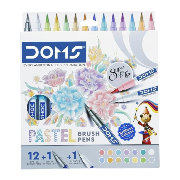 Doms Pastel Brush Pen 12 Shades + Metallic Silver + Blender Brush Pen