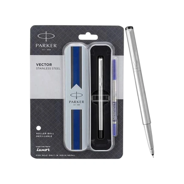 Parker Vector Stainless Steel Chrome Trim Roller Ball Pen - 1 Piece, Blue