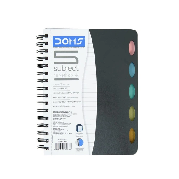 Doms 5 Subject Notebook Wiro Binding & Poly Cover 70 gsm Paper Pages 300 Size A5