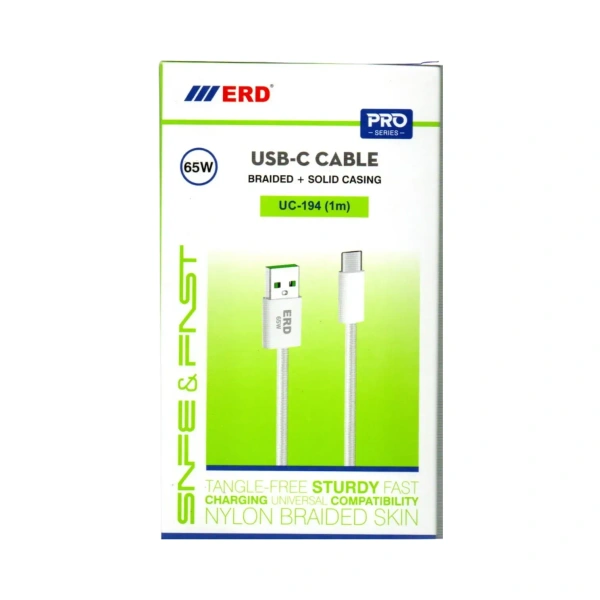 ERD USB C Braided Data Cable 65W 1 Meter UC-194 - 1 Piece, White