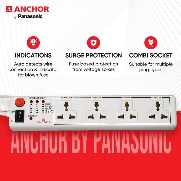 ANCHOR Anchor Socket with Single Switch 4 Way Extension Board with 1.5 Meter Extension Cord 6A, 240V